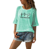 FAITH HOPE LOVE  Women's Short Sleeve Casual Top - features Lace 3/4 Flare Sleeves Small thru Plus sizes