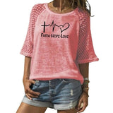 FAITH HOPE LOVE  Women's Short Sleeve Casual Top - features Lace 3/4 Flare Sleeves Small thru Plus sizes